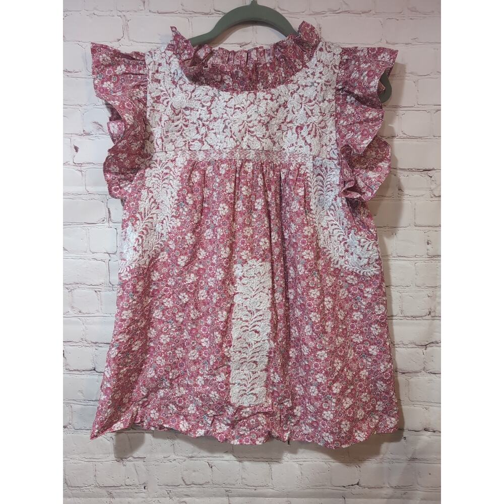 J. Marie Pink Floral Embroidered Flutter Sleeve Ruffle Top Boho Spring XS Lined